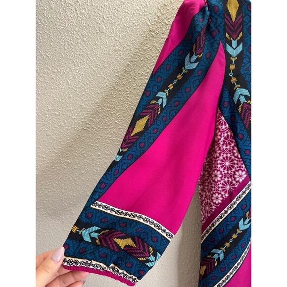 Pink Owl Women Fuchsia Abstract Print Boat Neck Three Quarter Sleeve Dress Sz M - Picture 2 of 7